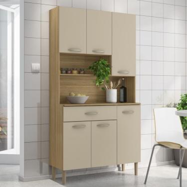 Imagem de Armário de Cozinha Compacta Praga 6 Portas 1 Gaveta MDF 90cm Amadeirado Freijó Vanilla