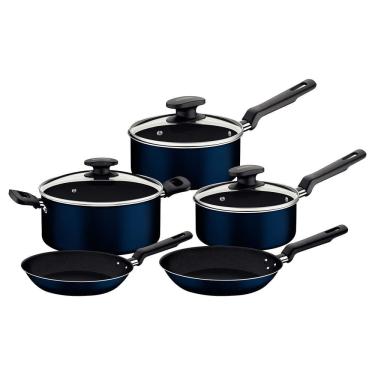 Imagem de Jogo de Panelas 5 Peças Ravena Caçarola e Frigideira em Alumínio com Revestimento Antiaderente Diversos Tamanhos Azul