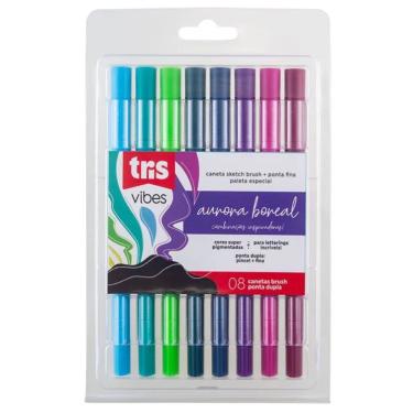 Imagem de Caneta Brush Ponta Dupla Tris Aurora Boreal 8 Cores com Pincel e Traço Fino para Caligrafia