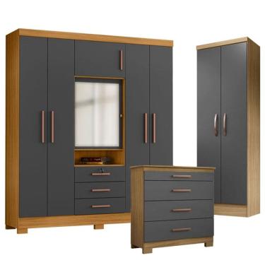 Imagem de Guarda Roupa Casal Imperial com Cômoda 4 Gavetas New e Multiuso New Egito Carvalho Amer...
