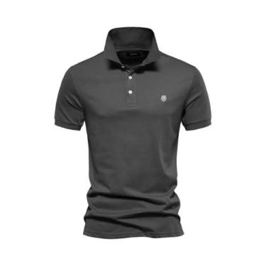 Imagem de Camisas Polo Masculinas 100% Algodão Com Bordado, Cor Sólida, Manga Cu