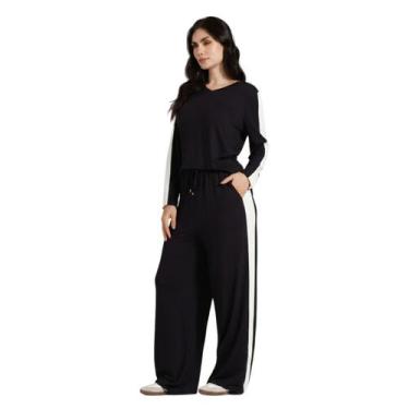 Imagem de Conjunto Manga Longa Feminino Pzama 2 Em 1 Pijama Sair Viscose, Preto 