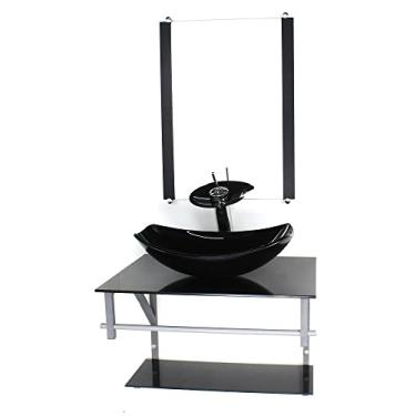 Imagem de GABINETE DE VIDRO PARA BANHEIRO 60CM AC CUBA OVAL CHANFRADA PRETO FULL COM TORNEIRA CASCATA