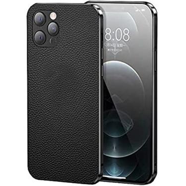 Imagem de HAODEE Capa para Apple iPhone 12 Pro (2020) 6,1 polegadas, capa de telefone bumper com moldura de metal de couro padrão lichia [proteção de tela e câmera] (cor: preto)