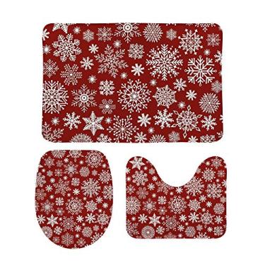 Imagem de Conjunto de tapetes de banheiro My Daily 3 peças flocos de neve vermelho Natal em forma de U contorno tapete de banheiro e tampa de tampa, tapete de chuveiro antiderrapante conjunto de tapetes de banheiro