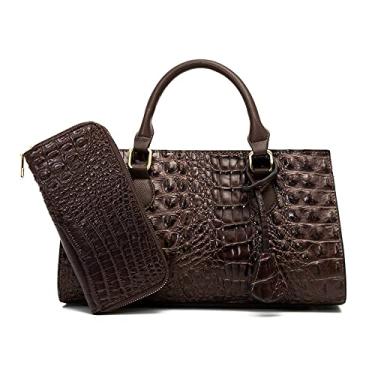 Imagem de Bolsa feminina média com estampa de crocodilo de couro, bolsa transversal com alça superior, conjunto de 2 peças, Marrom