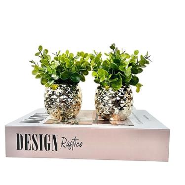 Imagem de Rio Tijucas Decoração Sala Livro Caixa Fake + Dupla Vaso Dourado Decor Abacaxi Dourado 13cm x 6,3cm x 5cm (Vaso) e 5cm x 17cm x 27cm (Caixa de Livro) Design Rústico