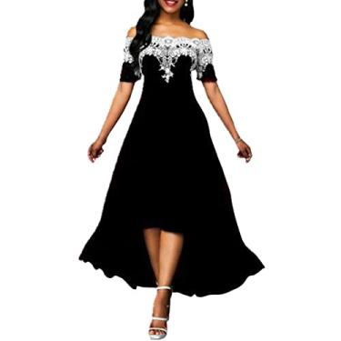 Imagem de GisTeq Vestuário Vestidos de verão outono festa ombro manga curta feminino vestido baixo, Preto, P