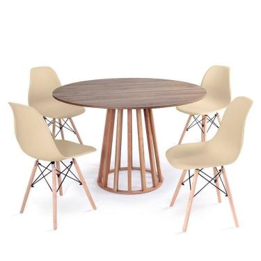 Imagem de Conjunto Mesa De Jantar Redonda Talia Amadeirada Natural 120cm Com 4 Cadeiras Eames Eiffel - Nude