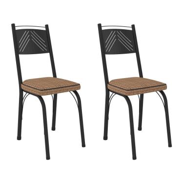 Imagem de Kit 2 Cadeiras de Cozinha Virginia Estampado Rattan Bege Pés de Ferro Preto - Pallazio