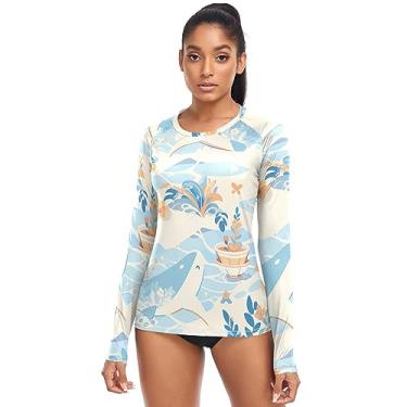 Imagem de KLL Shells Ocean Waves Beach Starfish Blue Camiseta feminina Rash Guard roupa de banho secagem rápida FPS 50+, Conchas Ocean Waves Praia Estrela-do-mar Azul, GG