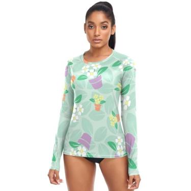 Imagem de KLL Camiseta feminina de secagem rápida Rash Guard da Flower Green FPS 50+, Flor verde, PP