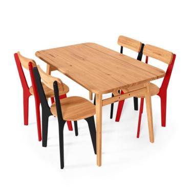 Imagem de Conjunto De Jantar Mesa Retangular Com 4 Cadeiras Em Madeira Natural Preto E Vermelho