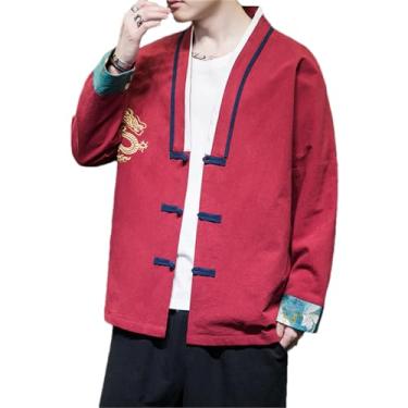 Imagem de ZMIN Casaco masculino bordado dragão dourado chinês tradicional jaqueta cardigã casual retrô, Vermelho, XXG