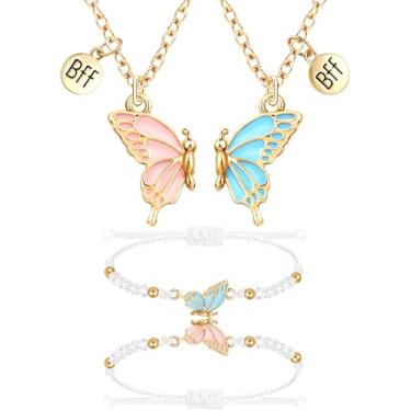 Imagem de MJartoria BFF Colar e pulseiras para 2 borboletas amizade colar pulseira melhor amigo colar combinando pulseiras presentes, Aço inoxidável, Sem Pedra Preciosa