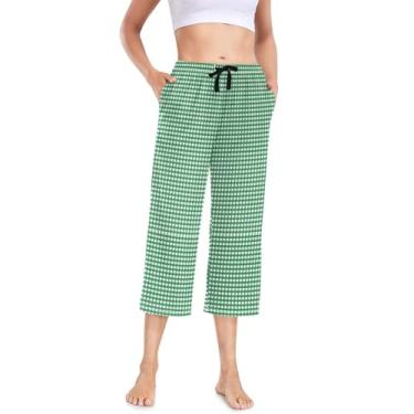 Imagem de KLL Calça de pijama feminina com bolsos, perna larga, plus size, capri leve, calça de pijama feminina, xadrez, verde, Xadrez verde, XX-Large