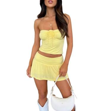 Imagem de ThusFar Conjunto de 2 peças de saia para mulheres sexy Y2k ombro de fora com cordão top curto plissado saia saia combinando, Amarelo, P