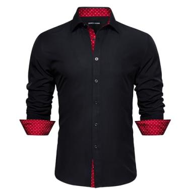 Imagem de Barry.Wang Camisas casuais masculinas clássicas camisa social de botão formal contraste interno manga longa estampada camisa de ajuste regular, Xadrez interno preto vermelho, GG