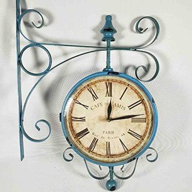 Imagem de Relógio de parede, relógio de parede de jardim ao ar livre, relógio de estação dupla face azul relógio de jardim rotação de 360° ferro forjado retrô à prova d'água relógio externo decoração relógio