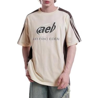 Imagem de Aelfric Eden Camisetas estampadas grandes masculinas cor contrastante Speedway Racing camiseta unissex streetwear camiseta polo patchwork, 07-a8-bege, GG