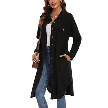Imagem de MINTLIMIT Jaqueta feminina de veludo cotelê longo, com botões, casual, superdimensionada, casaco com bolsos, Preto, G
