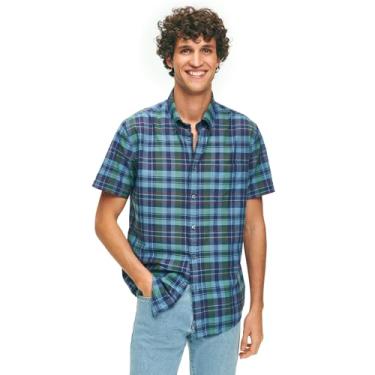 Imagem de Brooks Brothers Camisa esportiva masculina manga curta abotoada algodão Madras xadrez, Azul escuro, G
