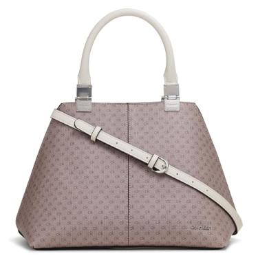 Imagem de Calvin Klein Bolsa feminina geométrica de granito – 2 em 1, couro vegano, 2 bolsos, Amêndoa/Castanho-Acinzentado/Branco, One Size