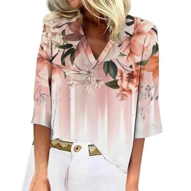 Imagem de Blusas femininas casuais plus size manga 3/4 gola V verão floral gráfico solto túnica top férias blusas havaianas, rosa, 5G