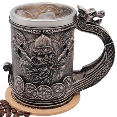 Imagem de WOKHACH Caneca Viking Medieval Caneca de Cerveja, Caneca de Aço Inoxidável, Caneca de Café, Mitologia Nórdica, Decoração Gótica Poética, Decoração de Festa, Presente para Men18OZ (Guerreiro Drakkar)
