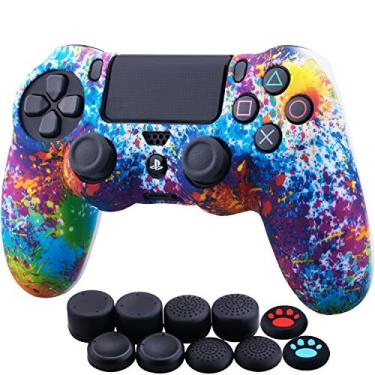 Imagem de YoRHa Capa de silicone camuflada com impressão de transferência de água para Sony PS4/Slim/Pro Dualshock 4 Controller x 1 (tinta salpicada) com 10 punhos de polegar