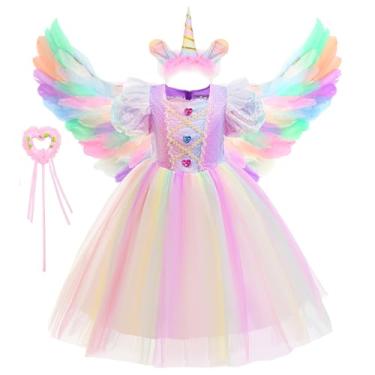 Imagem de e-super Unicorn Costume for Girls Princess Dress with Angel Wings Halloween Fairy Outfit with Headband (Unicorn, 8-9Y)