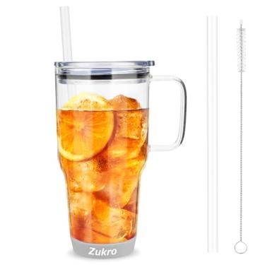 Imagem de Zukro Copo de vidro de 946 ml com tampa e canudo, copo de água de vidro reutilizável com alça e amortecedor de silicone protetor espesso na parte inferior para café gelado, cerveja, cabe no suporte de copo, livre de BPA, cinza claro