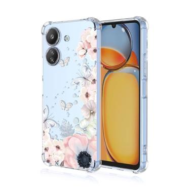 Imagem de RRXSYXL Capa para celular Xiaomi Poco C65, Redmi 13C 4G com estampa floral transparente e borboletas, capa de TPU macio com proteção à prova de choque para Xiaomi Poco C65 (flores rosas/borboletas)