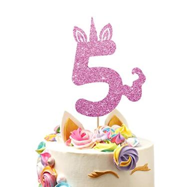Imagem de Topo de bolo de 5º aniversário de unicórnio, topo de bolo de cinco unicórnio e unicórnio, decoração de festa de 5º aniversário de unicórnio, glitter rosa
