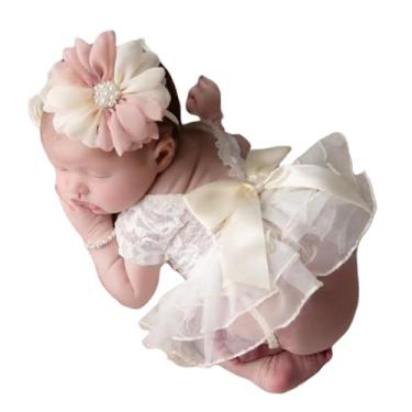 Imagem de Adereços para fotografia de recém-nascidos, macacão de renda com babados e faixa de cabeça para bebês, meninas, vestido de princesa, sessão de fotos, Branco leite., 0-3 month