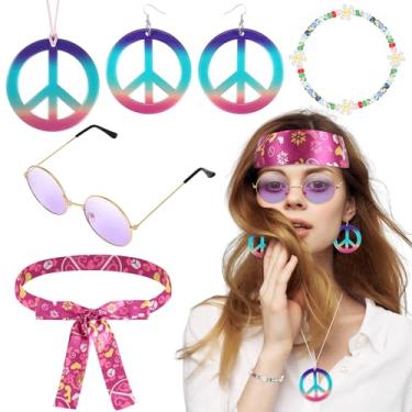 Imagem de Batiyeer 6 peças de acessórios hippie para mulheres, brincos de sinal de paz Boho anos 60 anos 70 roupas para meninas lembrancinhas de festa descoladas, Roxa, as the picture shows