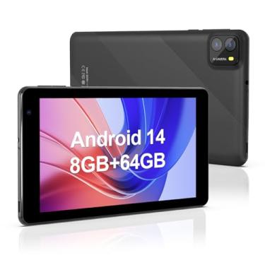 Imagem de Tablets Android 14 de 7 polegadas, 8 GB de RAM, 64 GB de ROM, câmera dupla de 2 MP + 8 MP, tela sensível ao toque IPS HD, processador Qcta Core, WiFi 6, Bluetooth (preto)