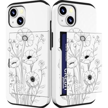 Imagem de IWONE Capa compatível com iPhone 14/15 Plus fofa com porta-cartões à prova de choque Slim Slot Phone 14/15 Plus capa carteira para mulheres/preto linda planta flor floral linha esboço
