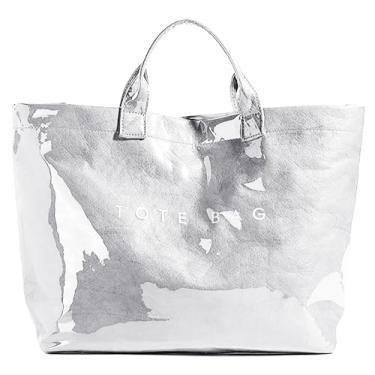 Imagem de Sacolas de papel kraft com superfície de PVC para mulheres, bolsa de mão com alça superior, vintage, transparente, bolsa de mão, Prata, One Size