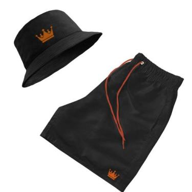 Imagem de Short Praia + Chapeu Bucket Hat Masculino Preto Com Cordao Laranja - M