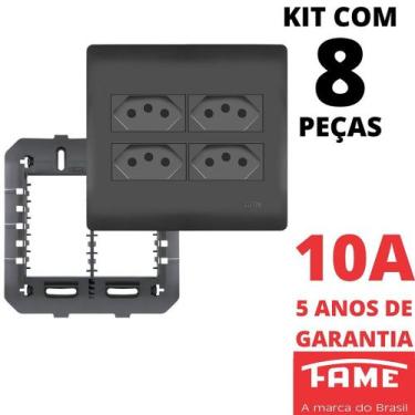 Imagem de 8un Tomada Padrão Quadrupla 2P+T 10A 4X4 Com Placa Habitat Black FAME