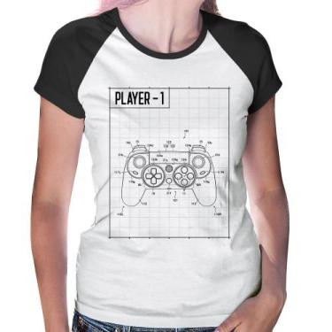 Imagem de Baby Look Raglan Player 1 Controle Joystick - Foca na Moda, Branco, Pr