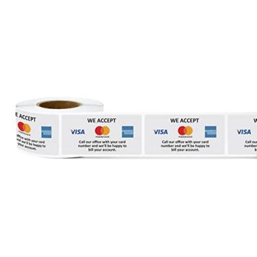 Imagem de 600 adesivos para cartões de crédito - 2 rolos de 300 etiquetas - 1 x 2 polegadas Aceitamos cartões de crédito Assinar Visa MasterCard American Express Formulários de pagamento aceitos placa para cobrança