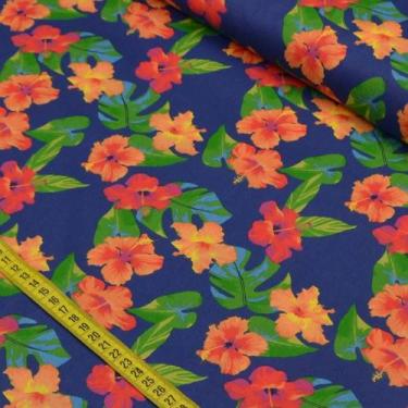 Imagem de Tecido Estampado para Patchwork - Paradise: Hibisco Fundo Azul Royal (