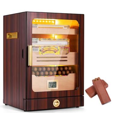 Imagem de Caixa de umidificador de charuto para 150 contagens, design transparente com forro e divisor de cedro espanhol, higrômetro, gaveta de acessórios e umidificador, caixa de charuto portátil de 3 pac