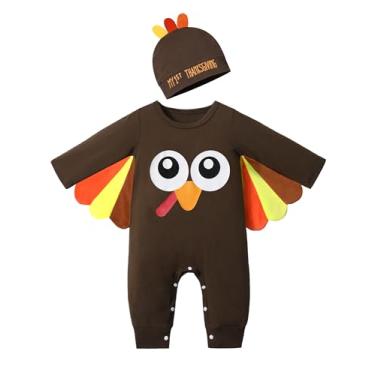 Imagem de NAPU roupa de ação de graças para bebê menino minha primeira roupa de ação de graças para bebê menino 0-3 meses lindo macacão de peru manga comprida macacão de uma peça + chapéu 2 peças conj