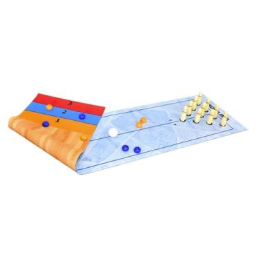 Imagem de oshhni Conjunto de jogos de mesa de curling 3 em 1 com tapete de jogo, jogo de boliche e 10 pinos de boliche, com 8 mini discos de shuffleboard