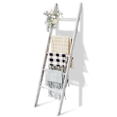 Imagem de Escada para cobertor de madeira com 5 andares, suporte de colcha de 15 cm, escada decorativa, fácil montagem, prateleira rústica para a sala de estar, quarto, banheiro, decoração de casa, lavagem