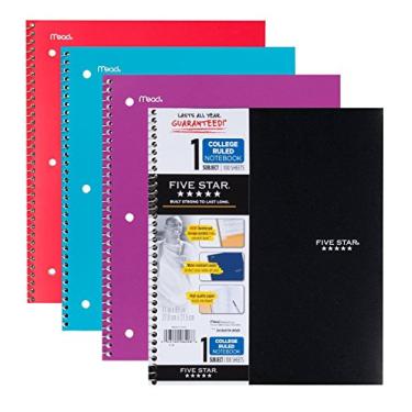 Imagem de Notebook Five Star Wirebound, College Ruled, 1 matéria, 100 folhas, 1 caderno, cores sortidas (pacote com 4)