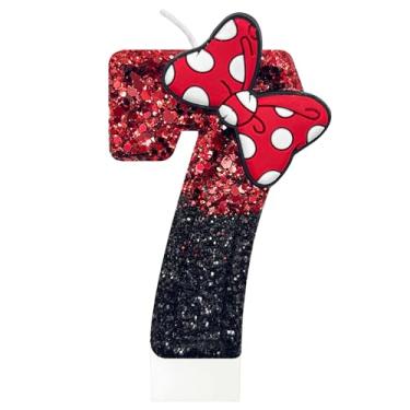 Imagem de JonesLi Vela de aniversário de 7 anos para bolo, vermelha com velas de laço, decorações de aniversário vermelhas, serve para decorações de aniversário da Minnie Mouse, decorações de festa da Minnie